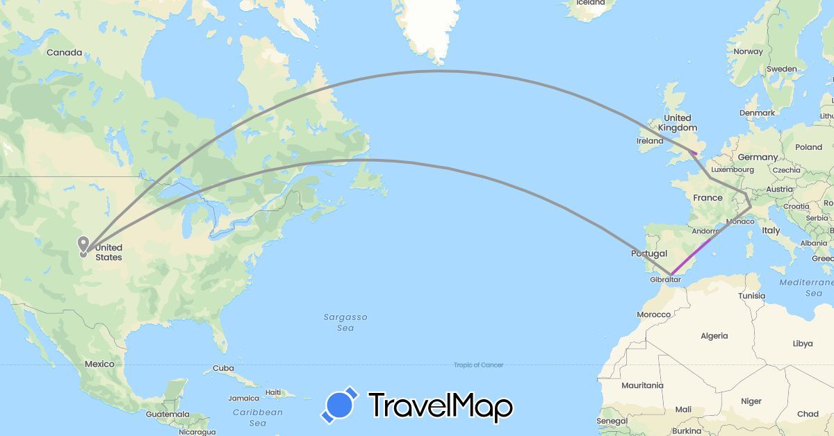 TravelMap itinerary: driving, plane, train in Switzerland, Spain, France, United Kingdom, Ireland, Italy, United States (Europe, North America)
